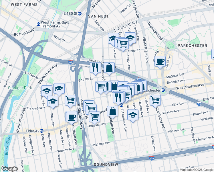 map of restaurants, bars, coffee shops, grocery stores, and more near in The Bronx