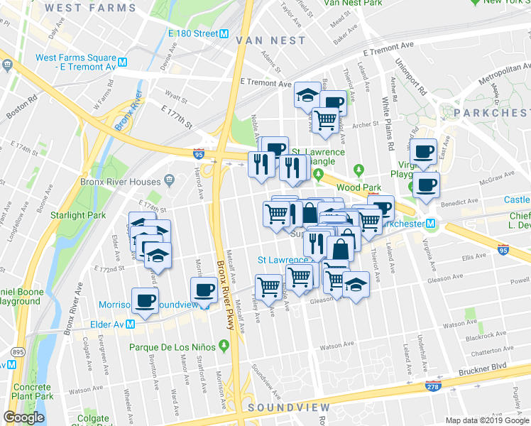 map of restaurants, bars, coffee shops, grocery stores, and more near 1320 Noble Avenue in The Bronx