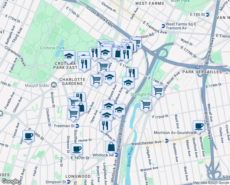 map of restaurants, bars, coffee shops, grocery stores, and more near 984 East 172nd Street in Bronx