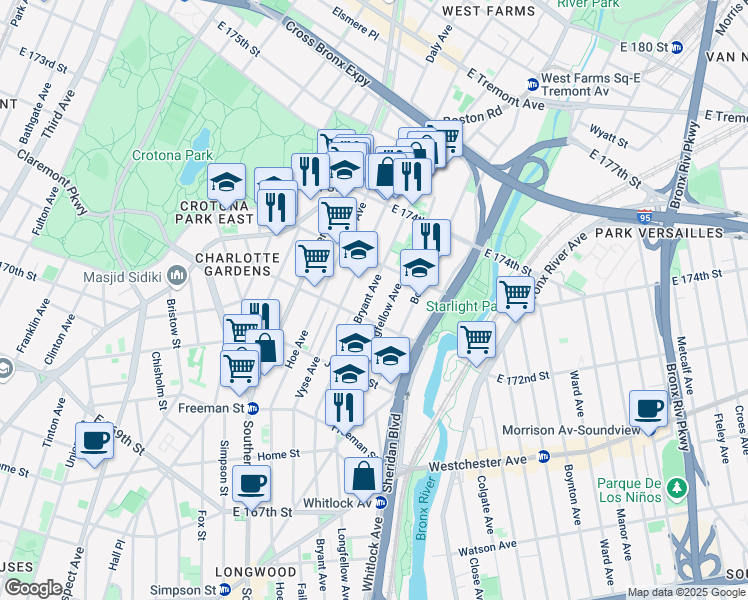 map of restaurants, bars, coffee shops, grocery stores, and more near 984 East 172nd Street in Bronx