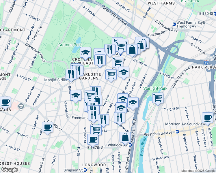 map of restaurants, bars, coffee shops, grocery stores, and more near 1490 Southern Boulevard in The Bronx
