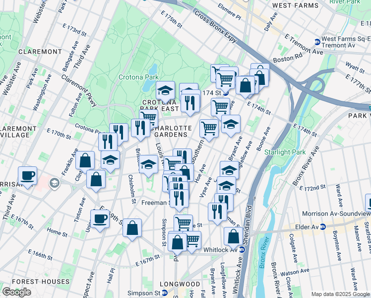 map of restaurants, bars, coffee shops, grocery stores, and more near 1421 Minford Place in Bronx