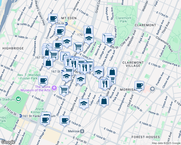 map of restaurants, bars, coffee shops, grocery stores, and more near 270 East 167th Street in Bronx