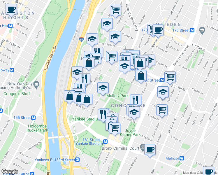 map of restaurants, bars, coffee shops, grocery stores, and more near in The Bronx