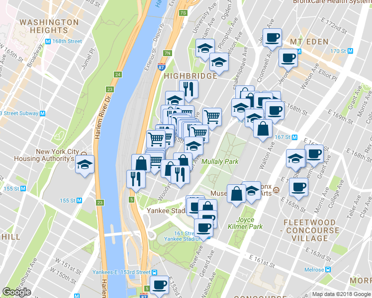 map of restaurants, bars, coffee shops, grocery stores, and more near 1016 Woodycrest Avenue in The Bronx