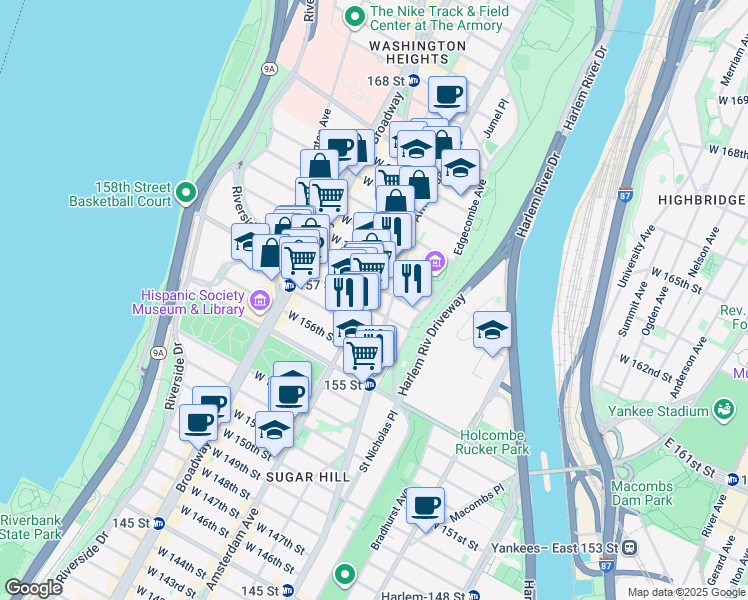 map of restaurants, bars, coffee shops, grocery stores, and more near 955 Saint Nicholas Avenue in New York