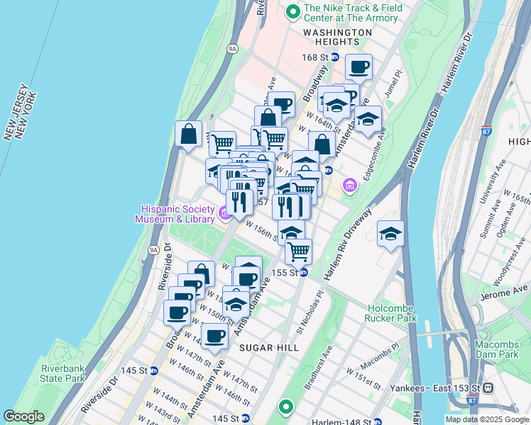 map of restaurants, bars, coffee shops, grocery stores, and more near 539 West 156th Street in New York