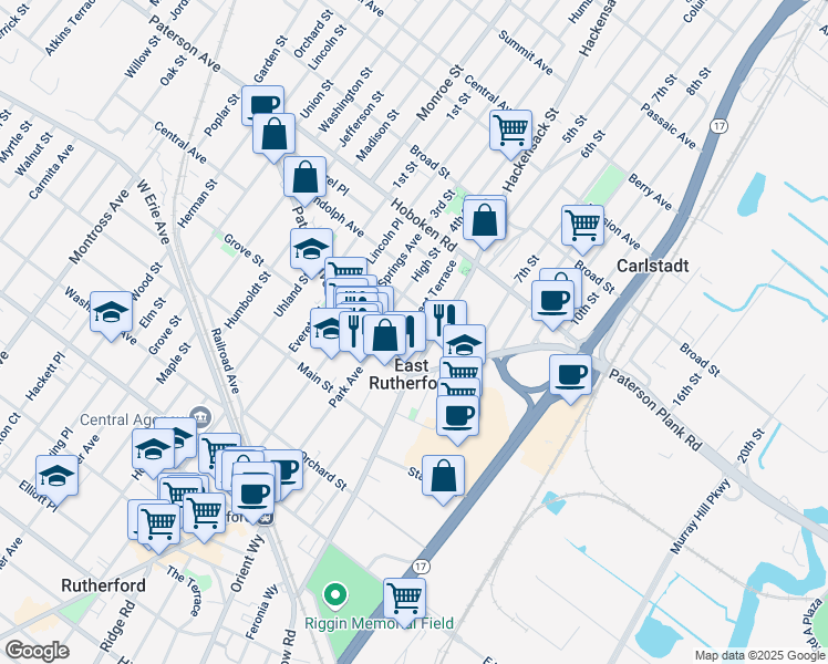 map of restaurants, bars, coffee shops, grocery stores, and more near in East Rutherford