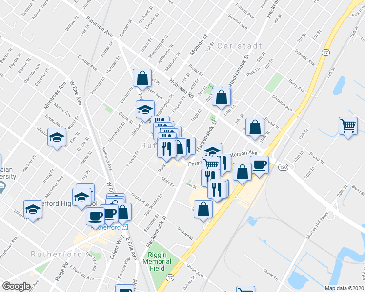 map of restaurants, bars, coffee shops, grocery stores, and more near in East Rutherford