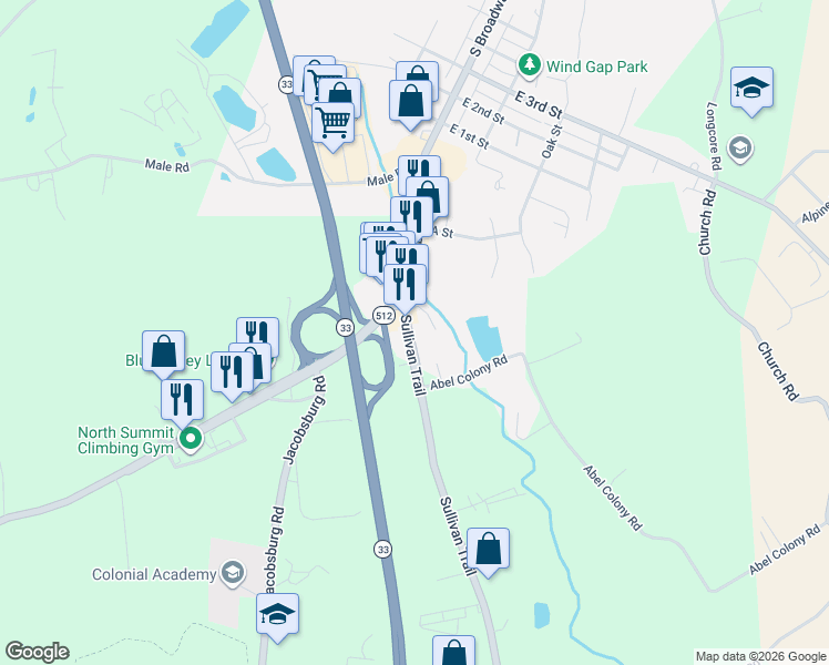map of restaurants, bars, coffee shops, grocery stores, and more near 6669 Sullivan Trail in Wind Gap