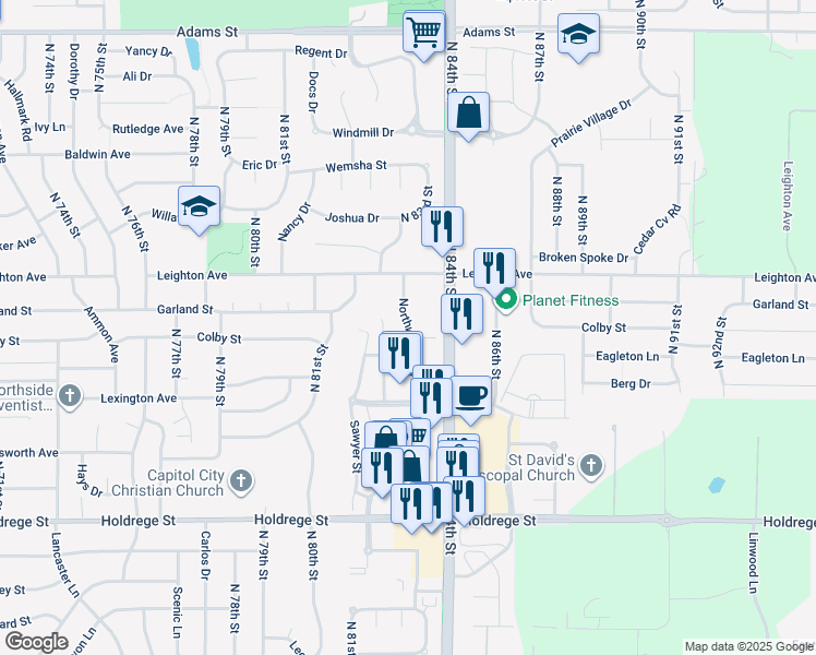 map of restaurants, bars, coffee shops, grocery stores, and more near 2033 Northwoods Drive in Lincoln