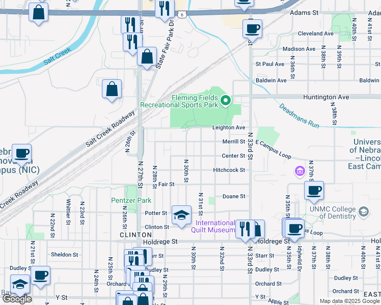 map of restaurants, bars, coffee shops, grocery stores, and more near 2024 North 30th Street in Lincoln