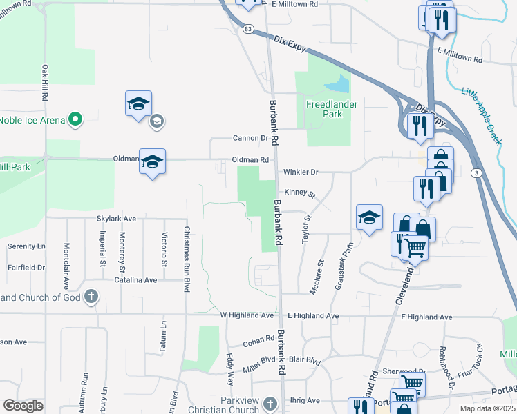 map of restaurants, bars, coffee shops, grocery stores, and more near 100 Oldman Road in Wooster