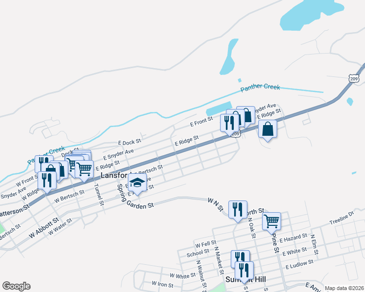 map of restaurants, bars, coffee shops, grocery stores, and more near 431 East Bertsch Street in Lansford