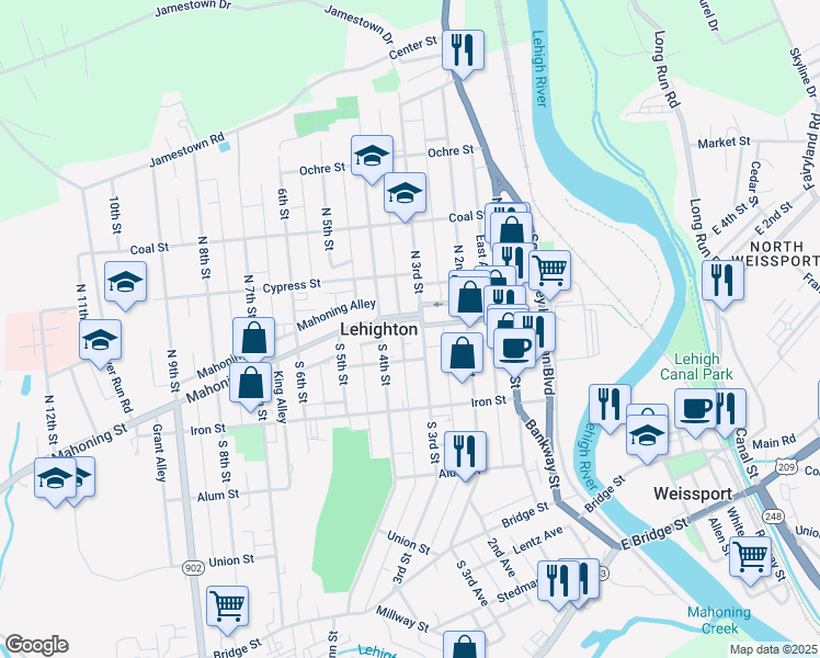 map of restaurants, bars, coffee shops, grocery stores, and more near 106 South 3rd Street in Lehighton