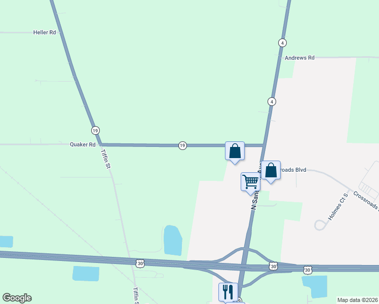 map of restaurants, bars, coffee shops, grocery stores, and more near 2823 Quaker Road in Bucyrus