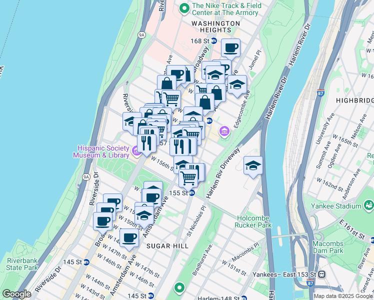 map of restaurants, bars, coffee shops, grocery stores, and more near 1963 Amsterdam Avenue in New York