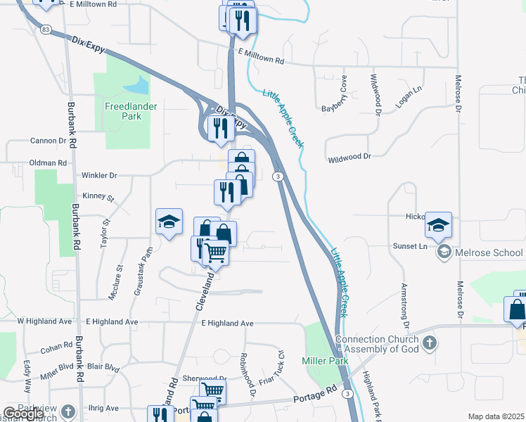 map of restaurants, bars, coffee shops, grocery stores, and more near 2775 Cleveland Road in Wooster