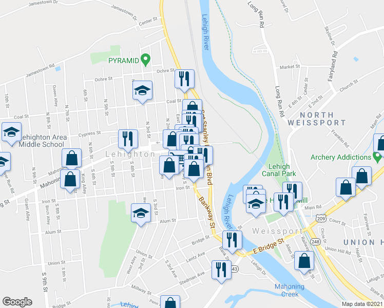 map of restaurants, bars, coffee shops, grocery stores, and more near 134 South 4th Street in Lehighton