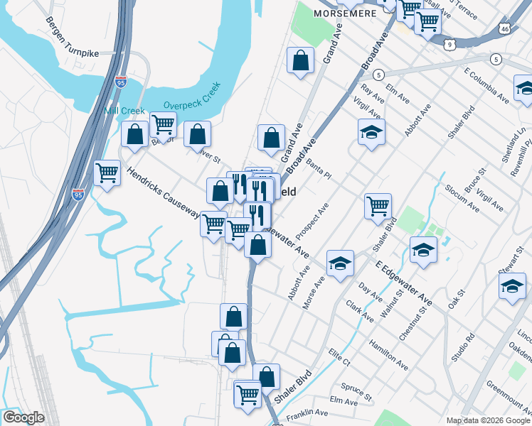 map of restaurants, bars, coffee shops, grocery stores, and more near 568b Broad Avenue in Ridgefield