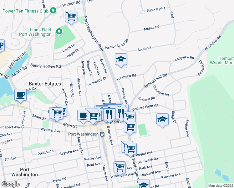 map of restaurants, bars, coffee shops, grocery stores, and more near 1252 Port Washington Boulevard in Port Washington