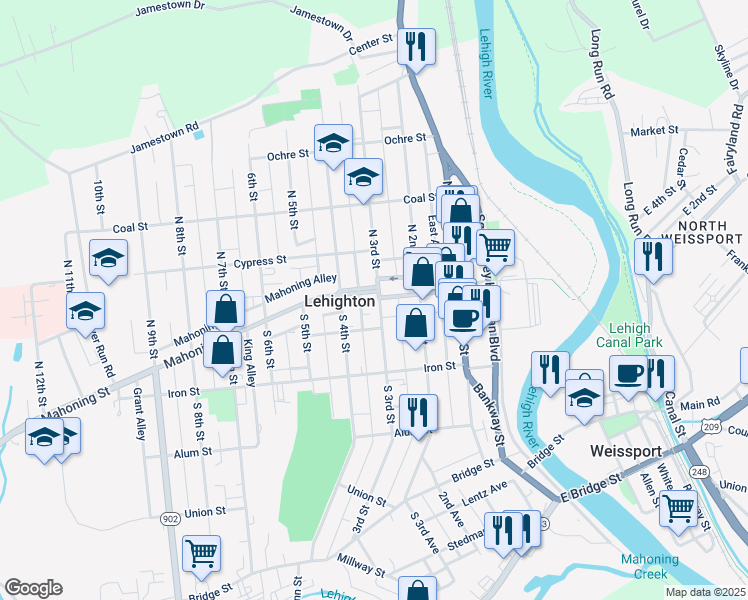 map of restaurants, bars, coffee shops, grocery stores, and more near 106 South 3rd Street in Lehighton