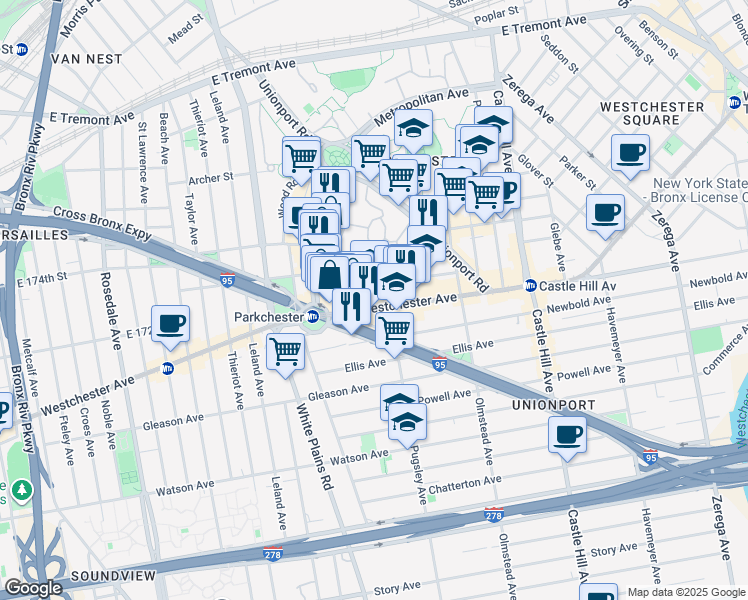 map of restaurants, bars, coffee shops, grocery stores, and more near 1985 Westchester Avenue in Bronx