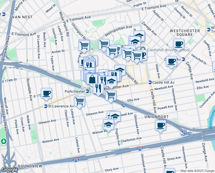 map of restaurants, bars, coffee shops, grocery stores, and more near 1995 Westchester Avenue in Bronx