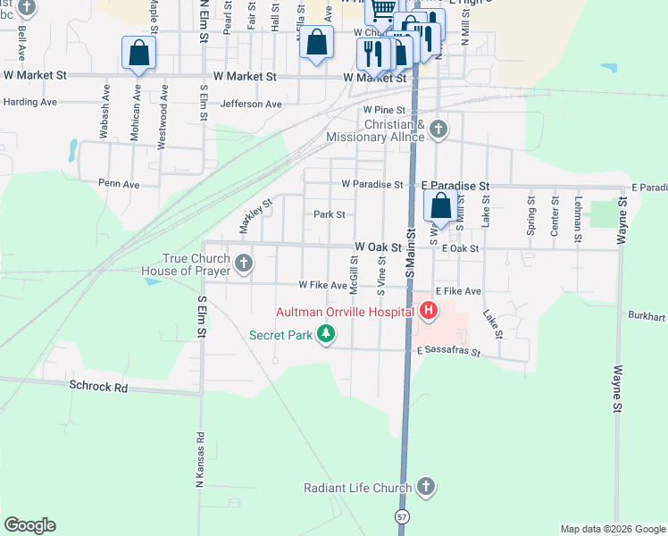 map of restaurants, bars, coffee shops, grocery stores, and more near 318 West Oak Street in Orrville