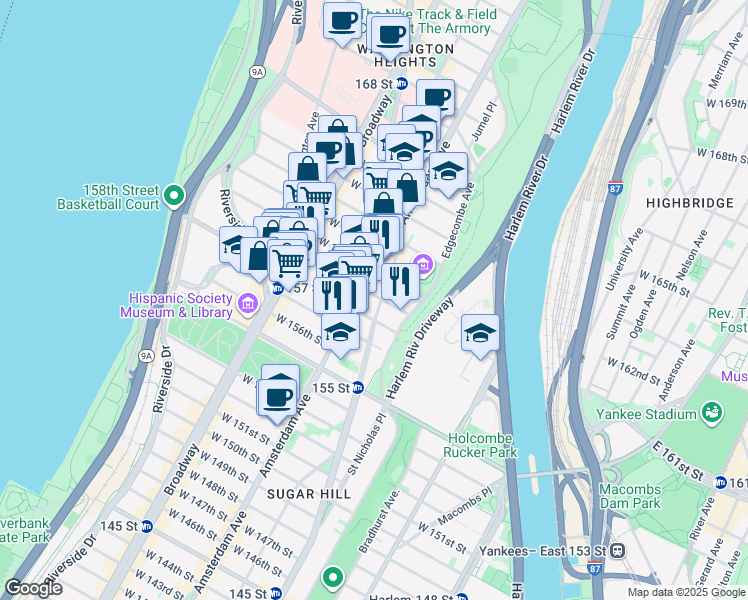 map of restaurants, bars, coffee shops, grocery stores, and more near 965 Saint Nicholas Avenue in New York