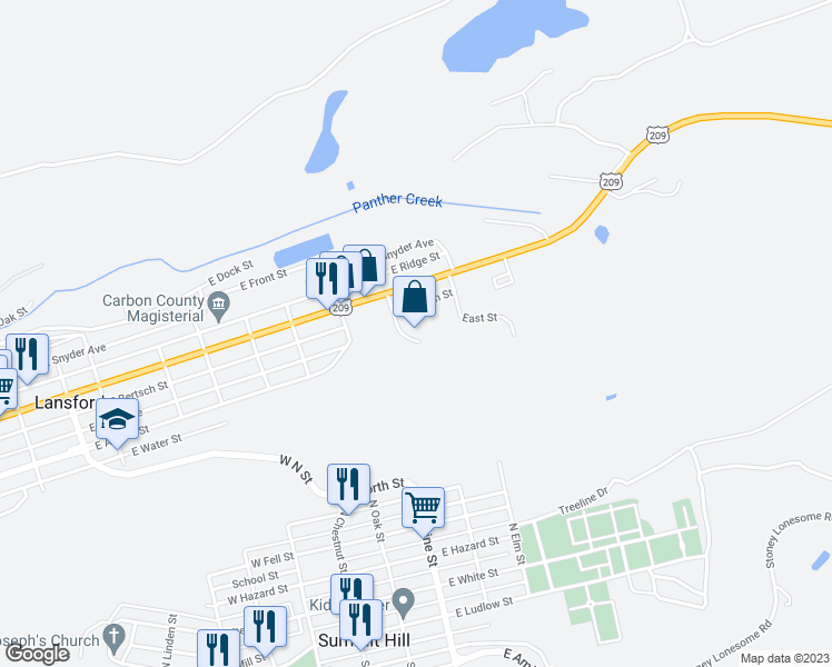 map of restaurants, bars, coffee shops, grocery stores, and more near 99 Riley Street in Lansford