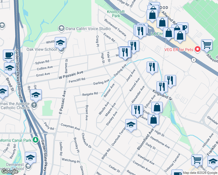 map of restaurants, bars, coffee shops, grocery stores, and more near 12 High Street in Bloomfield