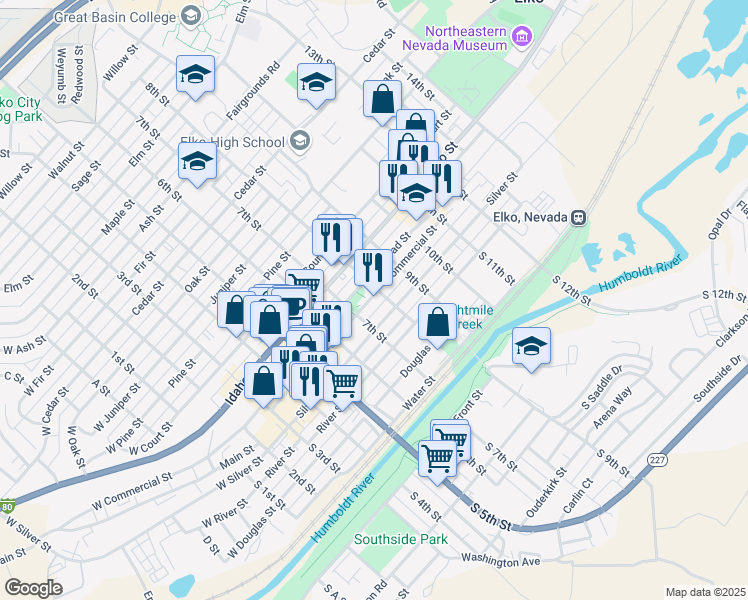 map of restaurants, bars, coffee shops, grocery stores, and more near 800-848 Railroad Street in Elko