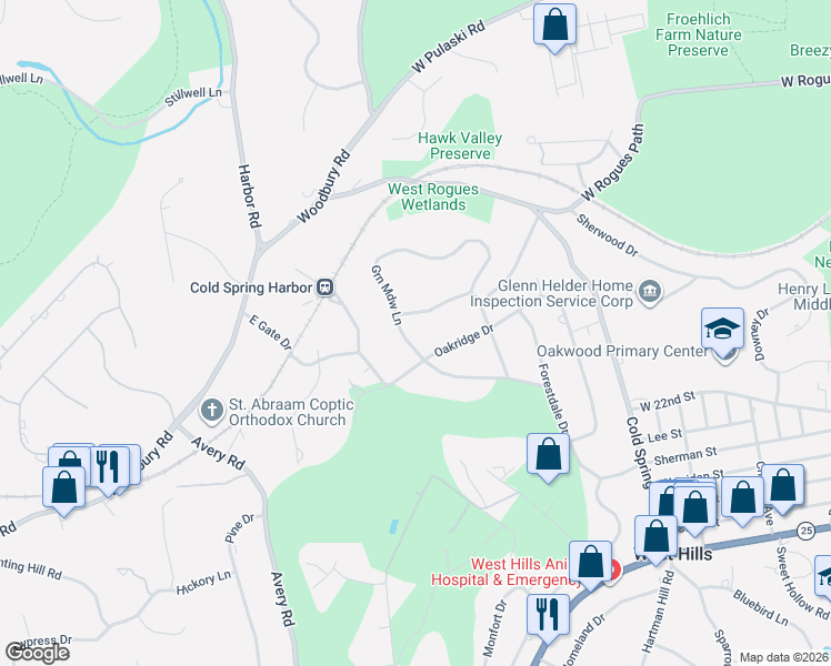 map of restaurants, bars, coffee shops, grocery stores, and more near 6 Sheep Pasture Lane in Huntington