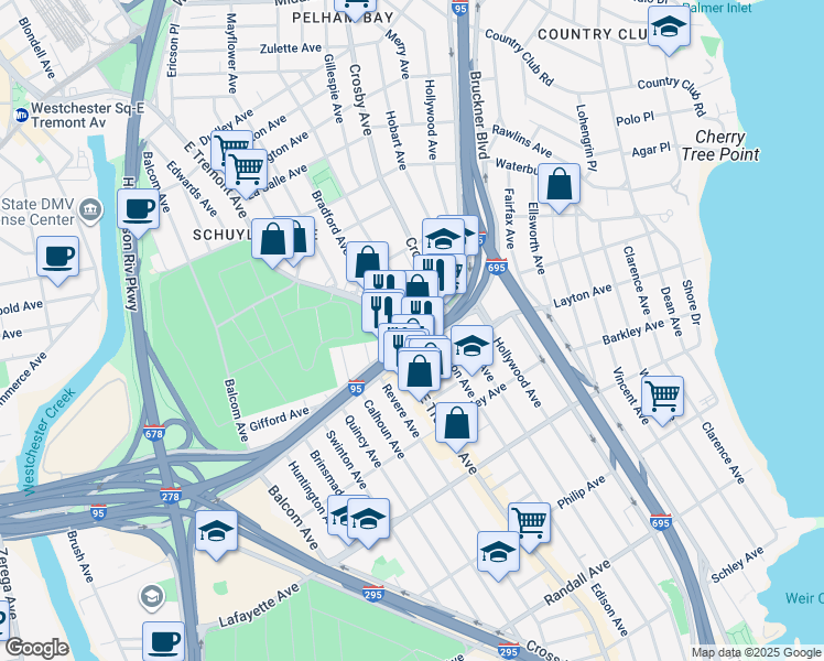 map of restaurants, bars, coffee shops, grocery stores, and more near 1124 Edison Avenue in Bronx