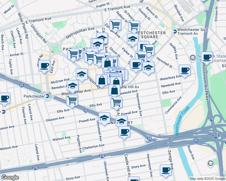 map of restaurants, bars, coffee shops, grocery stores, and more near in The Bronx