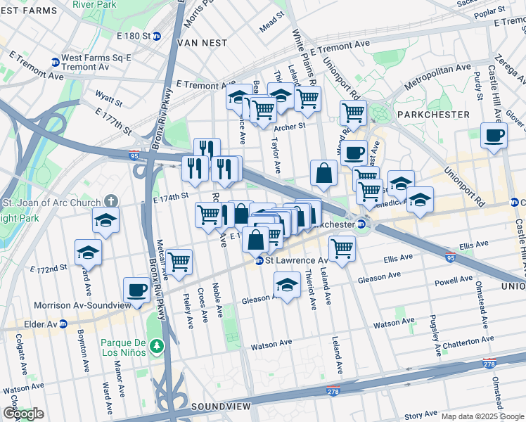 map of restaurants, bars, coffee shops, grocery stores, and more near in The Bronx