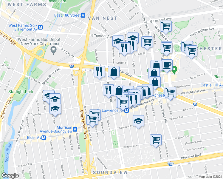 map of restaurants, bars, coffee shops, grocery stores, and more near 1351 Commonwealth Avenue in Bronx