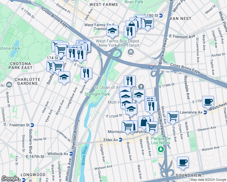 map of restaurants, bars, coffee shops, grocery stores, and more near 1413 Bronx River Avenue in Bronx