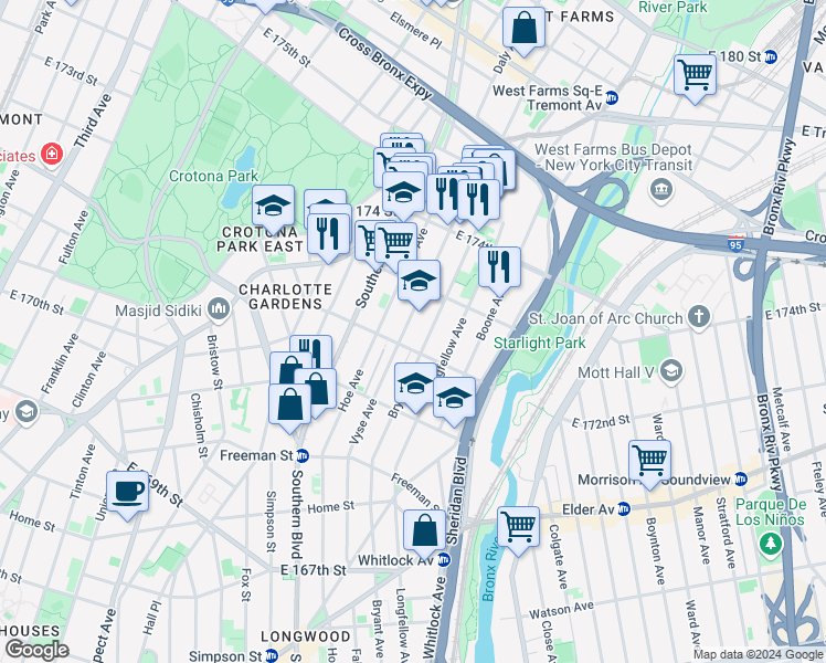 map of restaurants, bars, coffee shops, grocery stores, and more near 1562 Vyse Avenue in The Bronx