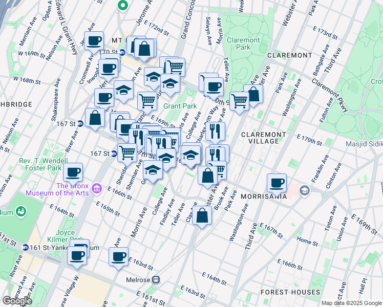 map of restaurants, bars, coffee shops, grocery stores, and more near in The Bronx