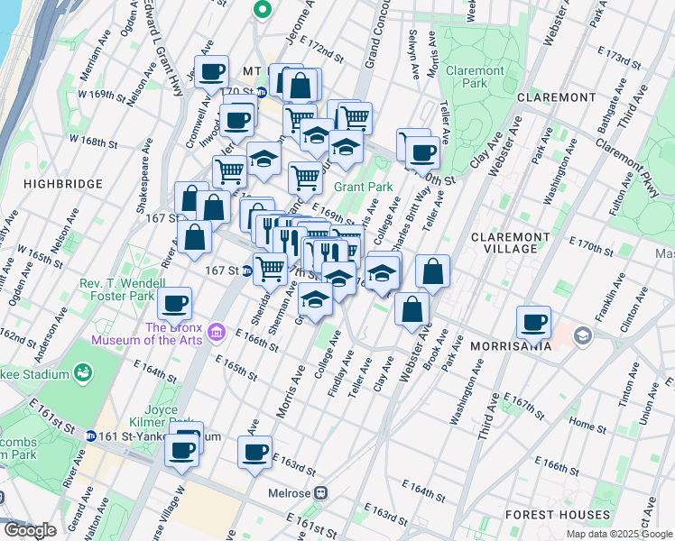 map of restaurants, bars, coffee shops, grocery stores, and more near 1268 Grant Avenue in The Bronx