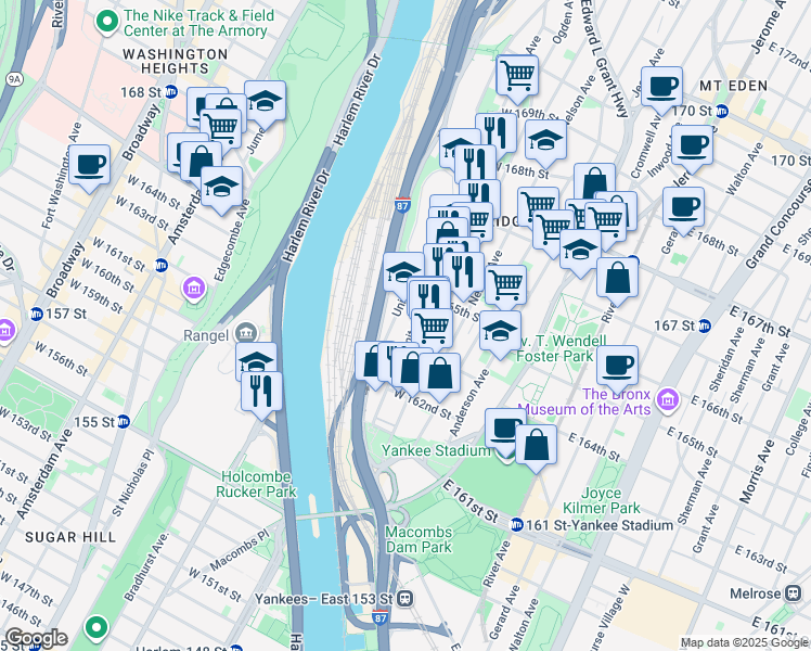 map of restaurants, bars, coffee shops, grocery stores, and more near 1041 University Avenue in Bronx