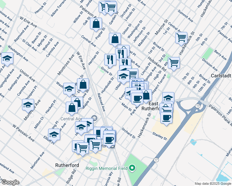 map of restaurants, bars, coffee shops, grocery stores, and more near 121 Uhland Street in East Rutherford