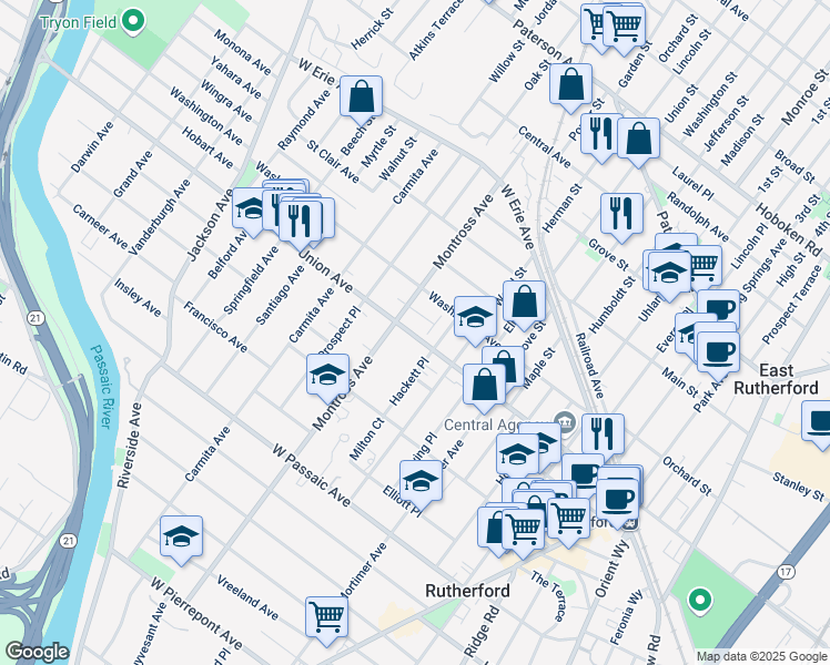 map of restaurants, bars, coffee shops, grocery stores, and more near 105 Montross Avenue in Rutherford