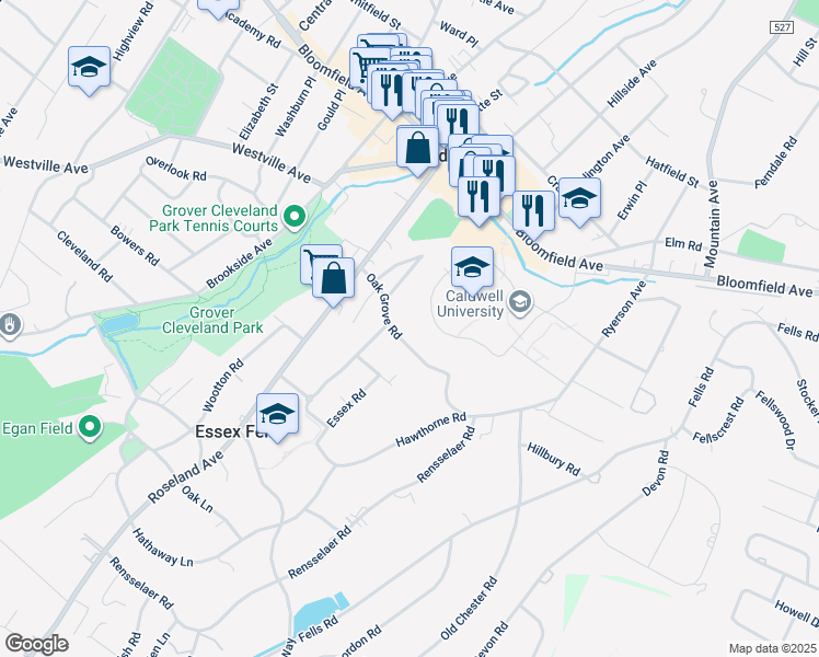 map of restaurants, bars, coffee shops, grocery stores, and more near 19 Oak Grove Road in Caldwell