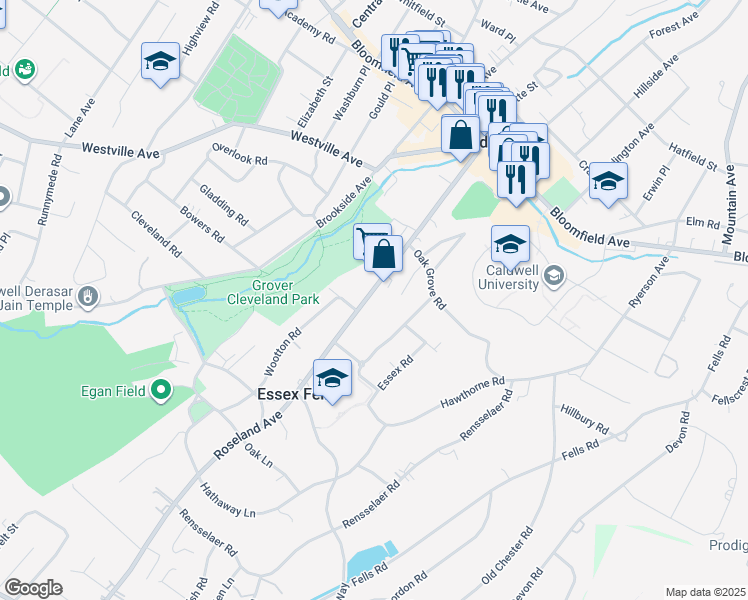 map of restaurants, bars, coffee shops, grocery stores, and more near 155 Roseland Avenue in Caldwell