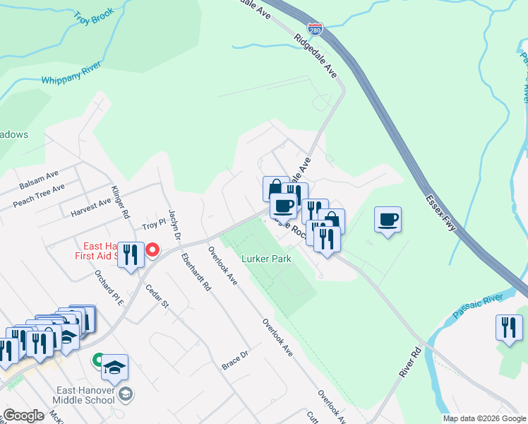 map of restaurants, bars, coffee shops, grocery stores, and more near 3-2 Dara Drive in East Hanover