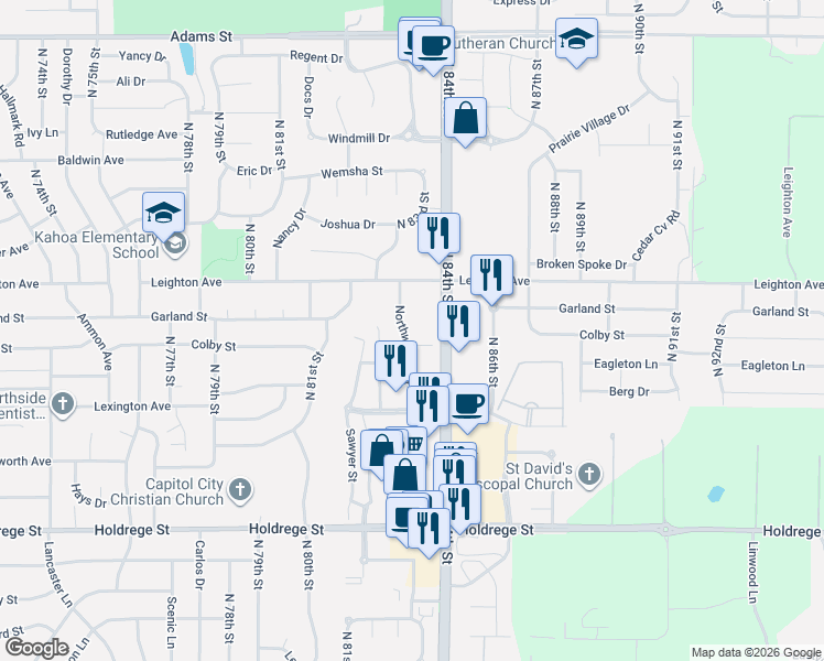 map of restaurants, bars, coffee shops, grocery stores, and more near 2218 Woodscrest Avenue in Lincoln