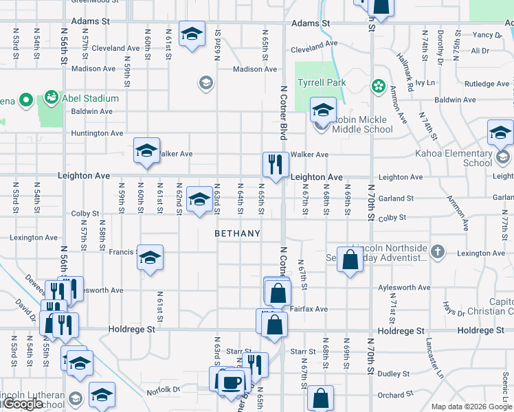map of restaurants, bars, coffee shops, grocery stores, and more near 2212 North 65th Street in Lincoln